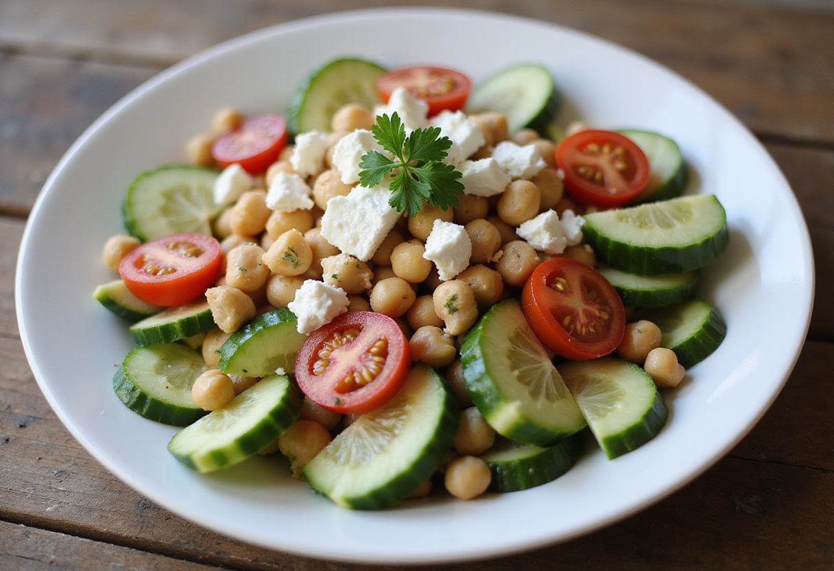 Final presentation of Healthy Chickpea Cucumber Salad featuring colorful ingredients, perfect for a nutritious dietitian-approved dish.