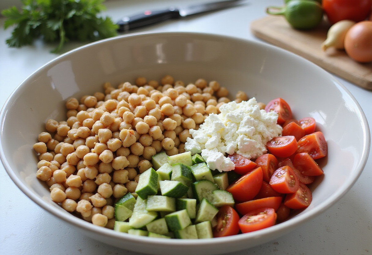 Healthy Chickpea Cucumber Salad preparation with canned chickpeas, diced cucumbers, tomatoes, and feta in a bright kitchen.