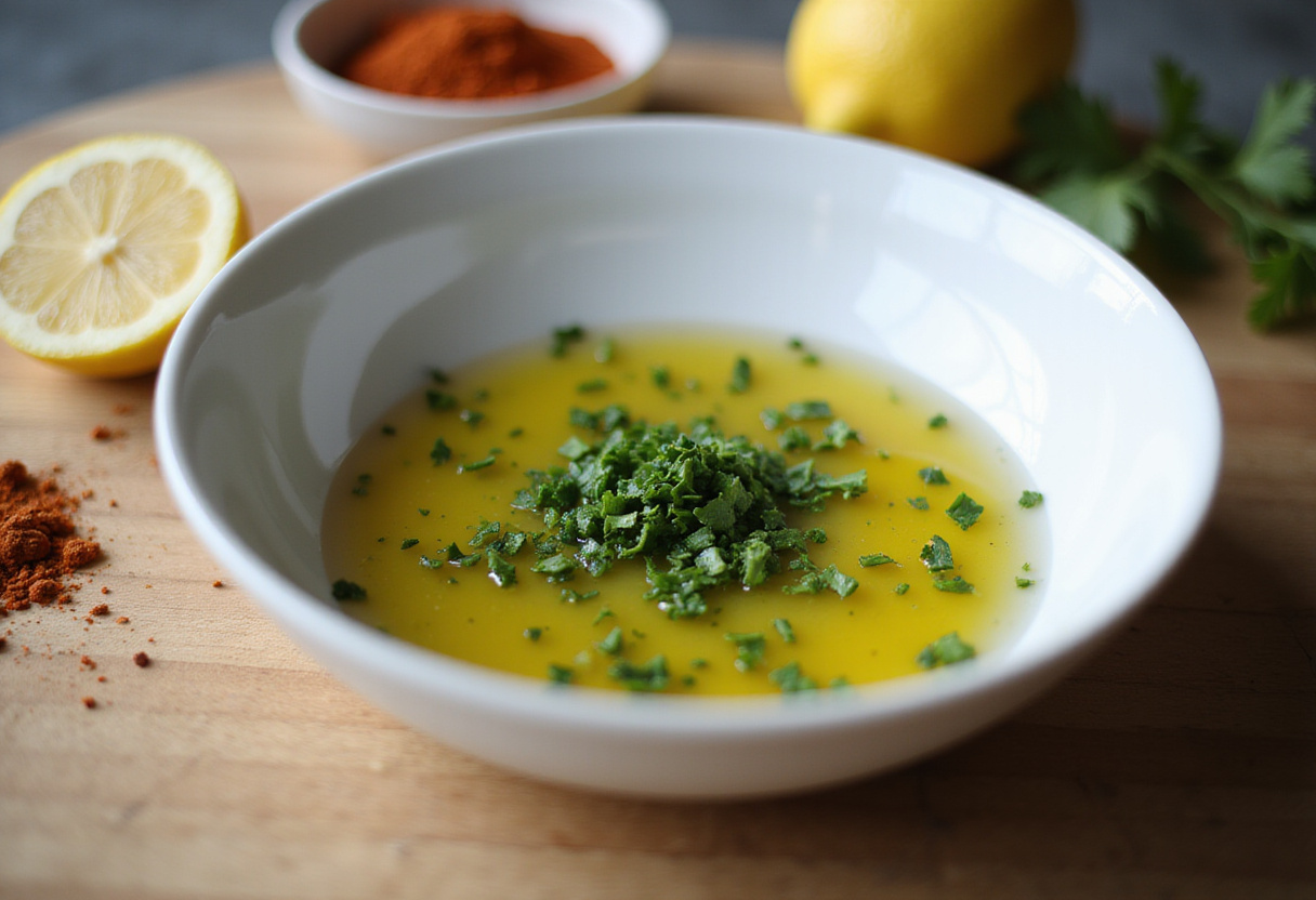 Flavorful ingredients for Healthy Chickpea Cucumber Salad including parsley, olive oil, and spices on a countertop.