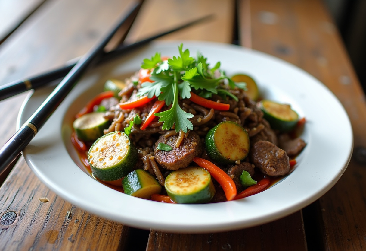 Final presentation of Healthy Zucchini Beef Stir-Fry, beautifully plated with vibrant colors, highlighting the healthy and delicious dish.