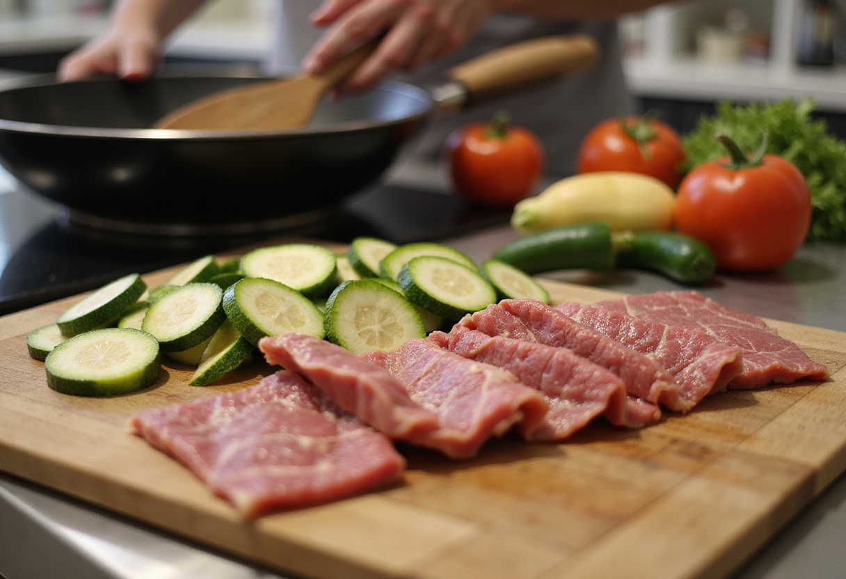 Preparation for Healthy Zucchini Beef Stir-Fry with fresh zucchini and sliced beef on a cutting board, showcasing vibrant ingredients.
