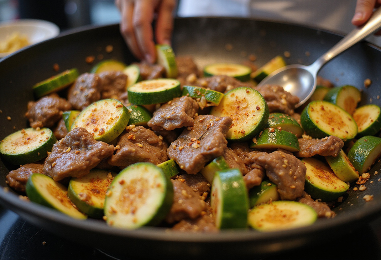 Finishing the Healthy Zucchini Beef Stir-Fry in a wok, showing cooked beef and zucchini being combined for a colorful meal.
