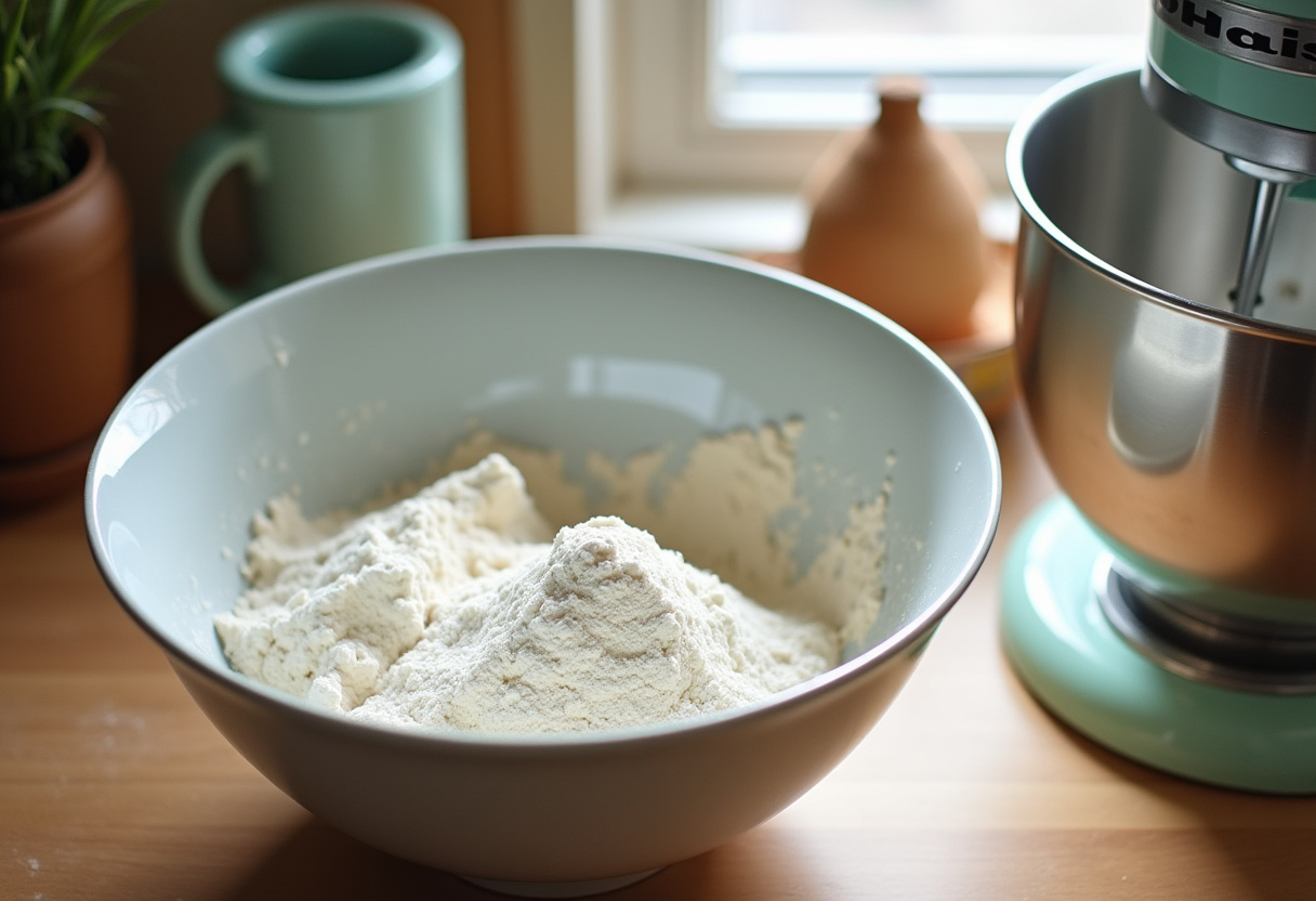 Ingredients for Heavenly Boston Cream Cupcakes being mixed in a bowl, showing flour, sugar, and baking powder for baking enthusiasts.