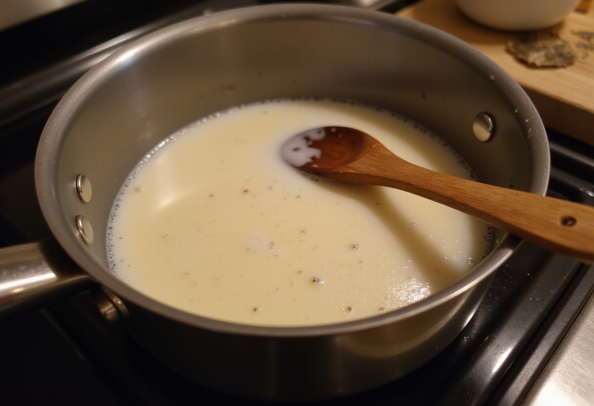 Cooking milk and vanilla extract for Heavenly Boston Cream Cupcakes, showcasing the preparation of delicious pastry cream.