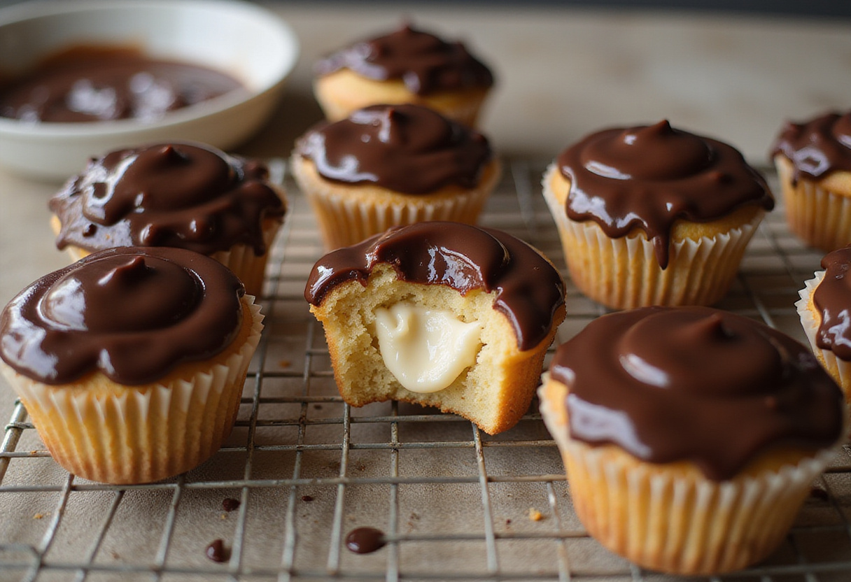 Cooling freshly baked Heavenly Boston Cream Cupcakes with chocolate ganache topping, emphasizing the delicious cream-filled interiors.