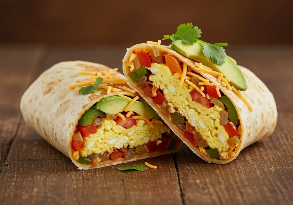 High Protein Breakfast Burritos: A deliciously plated breakfast burrito featuring a vibrant filling with avocado and cilantro, perfect for a healthy meal.