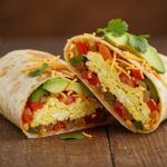 High Protein Breakfast Burritos: A deliciously plated breakfast burrito featuring a vibrant filling with avocado and cilantro, perfect for a healthy meal.