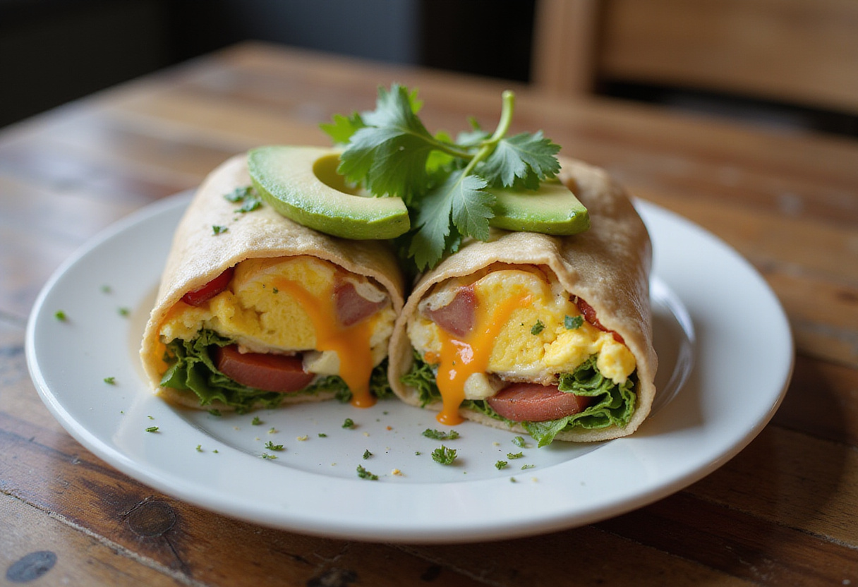 High Protein Breakfast Burritos: A deliciously plated breakfast burrito featuring a vibrant filling with avocado and cilantro, perfect for a healthy meal.