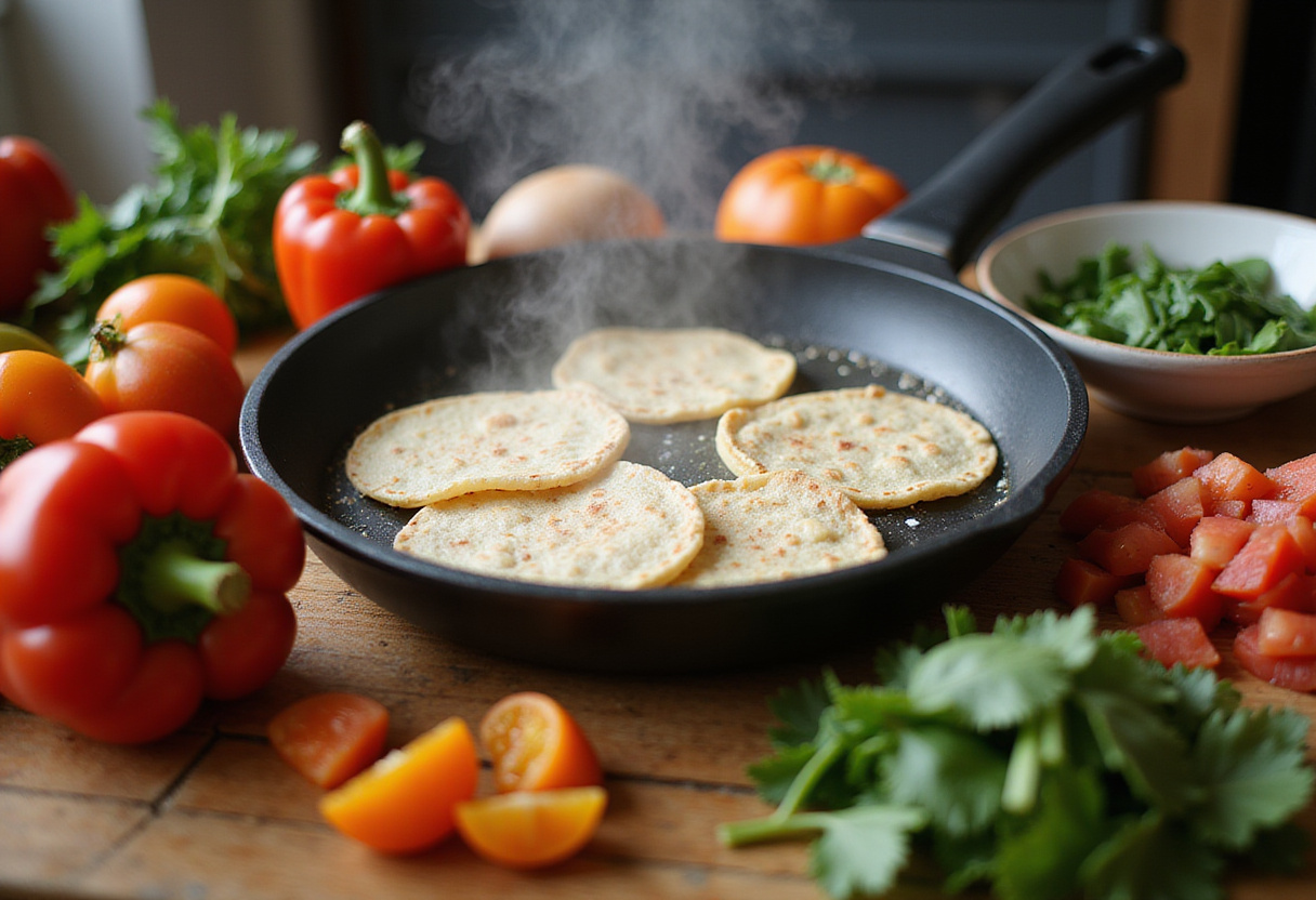 High Protein Breakfast Burritos: A skillet warming tortillas with fresh ingredients like bell peppers and spinach for a nutritious breakfast.