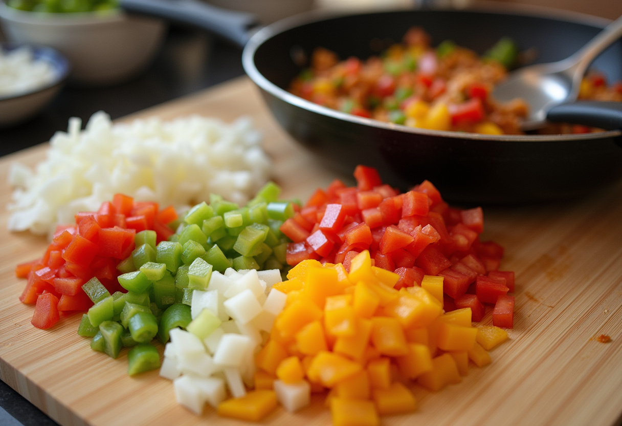 High Protein Breakfast Burritos: Sautéing colorful vegetables like onions and bell peppers for a flavorful filling in a frying pan.