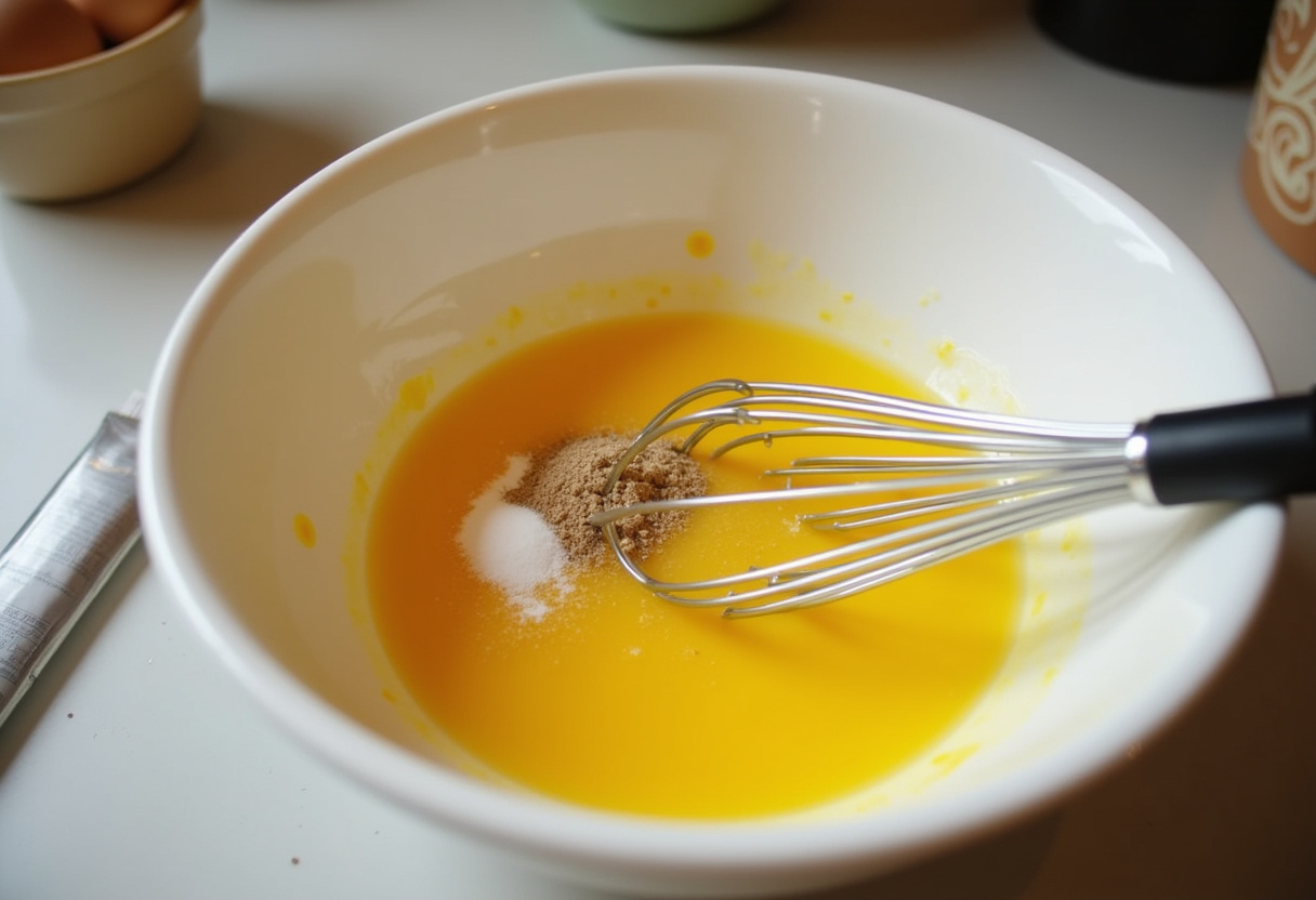 High Protein Breakfast Burritos: Preparing a protein-rich egg mixture in a mixing bowl, ready to be incorporated into a healthy breakfast.