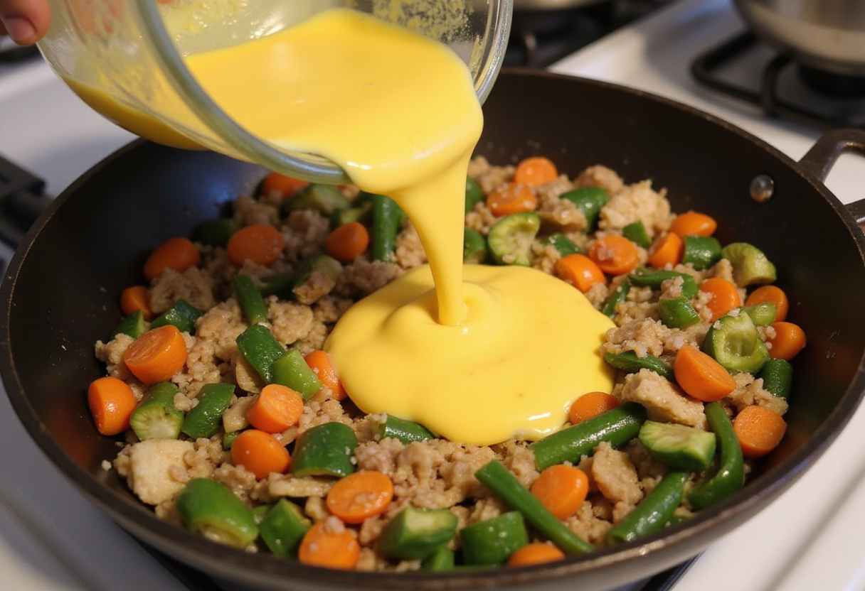 High Protein Breakfast Burritos: Cooking a flavorful egg and vegetable mixture in a skillet for a nutritious breakfast burrito filling.