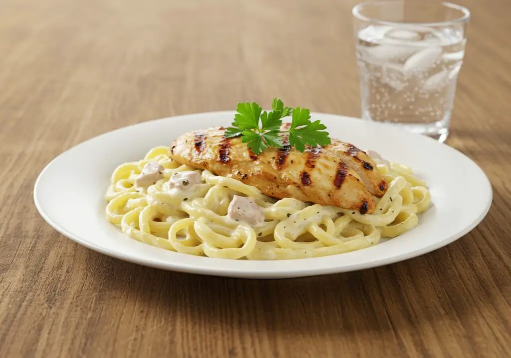 High Protein Grilled Chicken Alfredo Pasta final dish presentation, delicious and nutritious meal ready to serve, perfect for healthy dining.