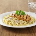 High Protein Grilled Chicken Alfredo Pasta final dish presentation, delicious and nutritious meal ready to serve, perfect for healthy dining.
