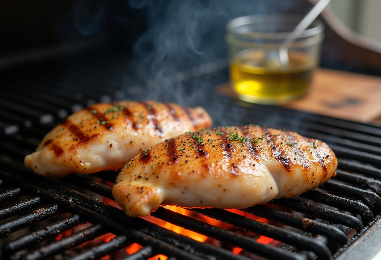 High Protein Grilled Chicken Alfredo Pasta preparation, grilled chicken breast on the grill, culinary technique for healthy meals.