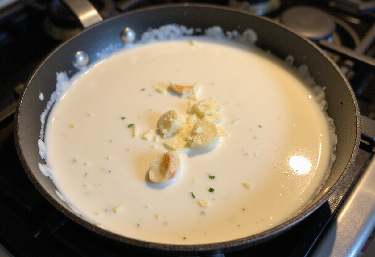 High Protein Grilled Chicken Alfredo Pasta sauce preparation, creamy Alfredo sauce being made for a healthy dish, cooking with wholesome ingredients.