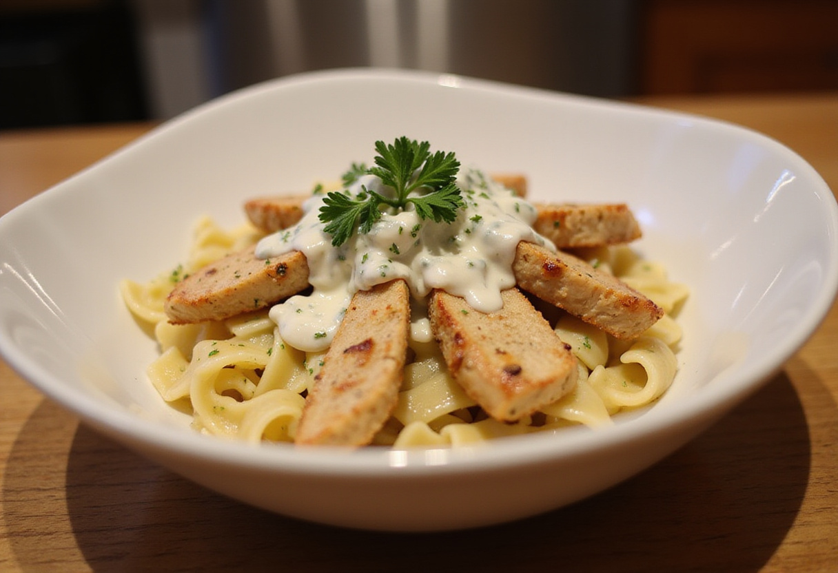 High Protein Grilled Chicken Alfredo Pasta assembly, healthy dish layout with chicken, pasta, and savory sauce, beautiful home-cooked presentation.