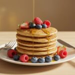 Delicious High-Protein Pancakes stacked with berries and honey, beautifully presented on a plate in a mouth-watering display.
