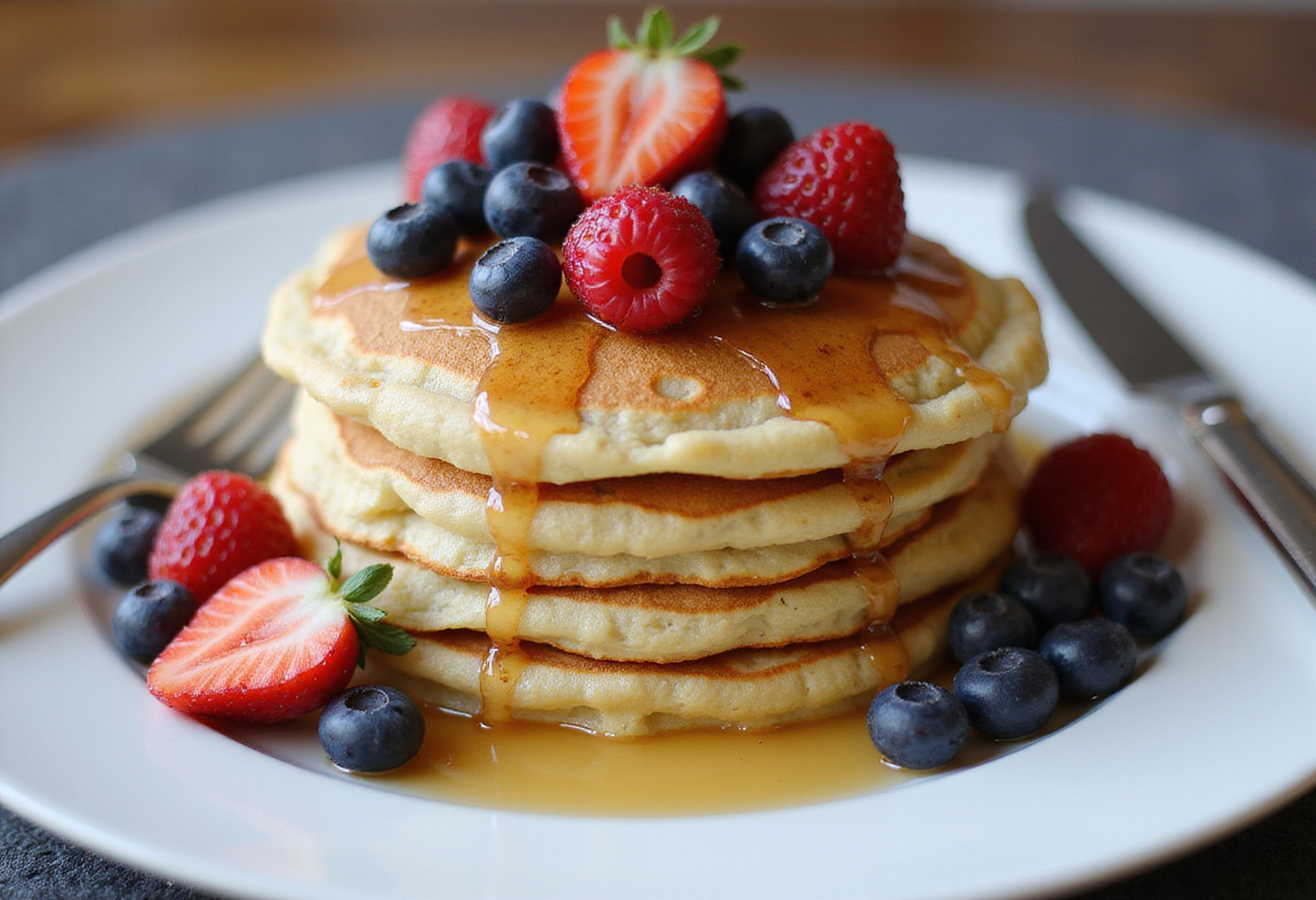 Delicious High-Protein Pancakes stacked with berries and honey, beautifully presented on a plate in a mouth-watering display.
