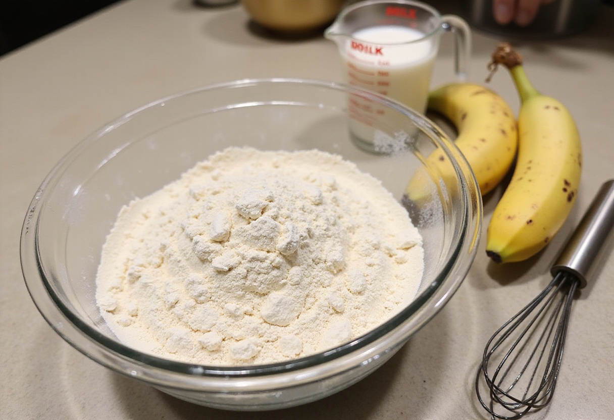 High-Protein Pancakes ingredients setup with flour, protein powder, banana, and milk in a kitchen setting.