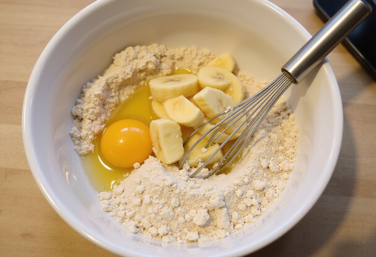 Creating a wet mixture for High-Protein Pancakes with mashed banana and egg in a bowl, displaying a kitchen preparation scene.