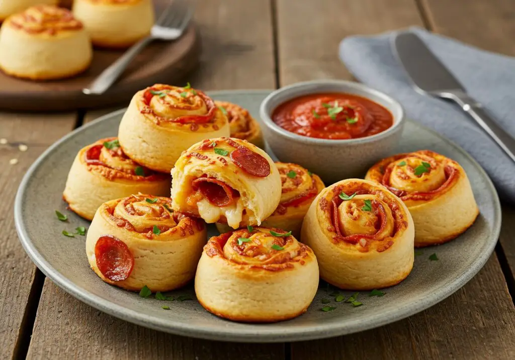 Delicious high-protein pepperoni pizza rolls served with marinara sauce in an inviting setting.