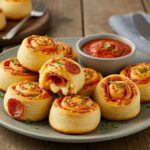Delicious high-protein pepperoni pizza rolls served with marinara sauce in an inviting setting.
