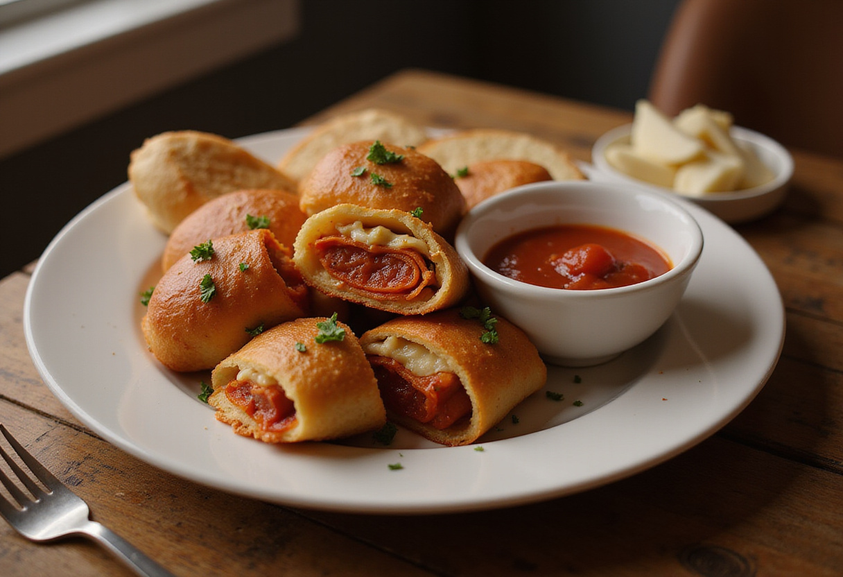 Delicious high-protein pepperoni pizza rolls served with marinara sauce in an inviting setting.