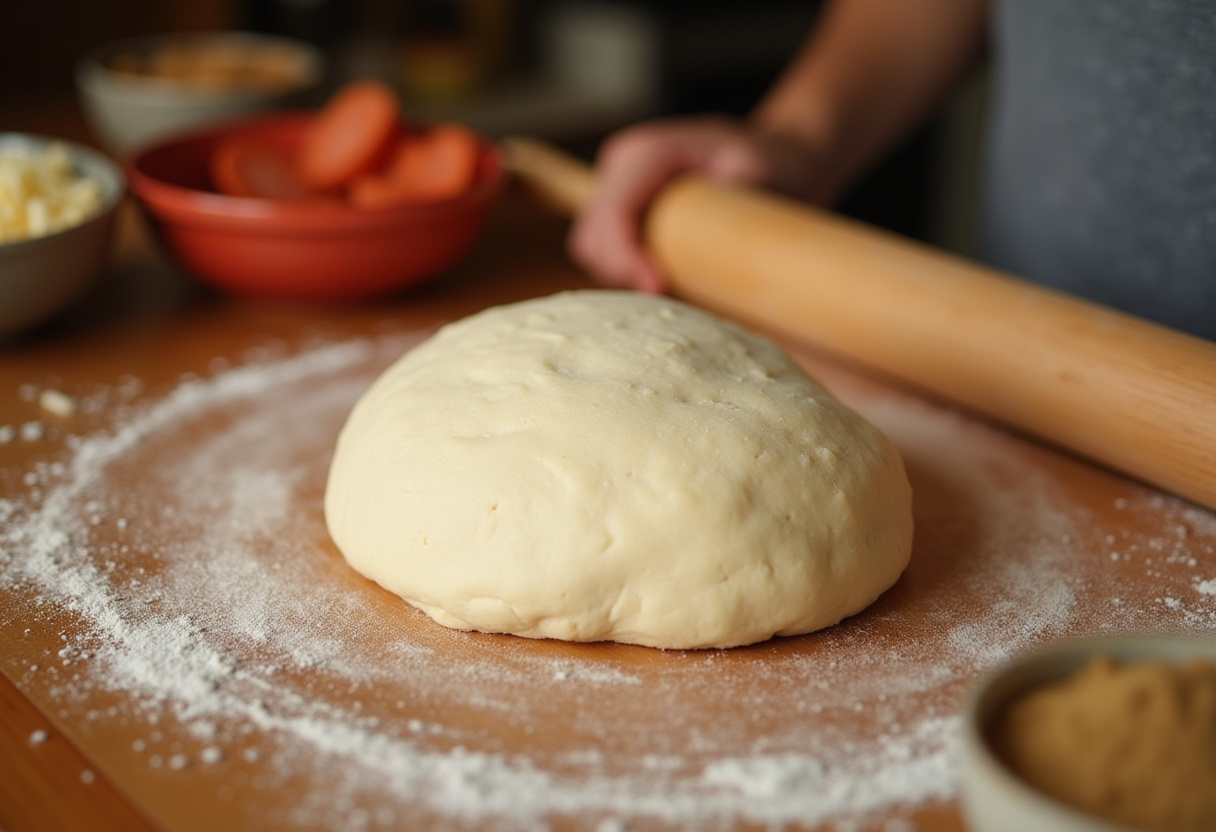 High Protein Pepperoni Pizza Rolls dough preparation with protein-rich ingredients on a wooden countertop.