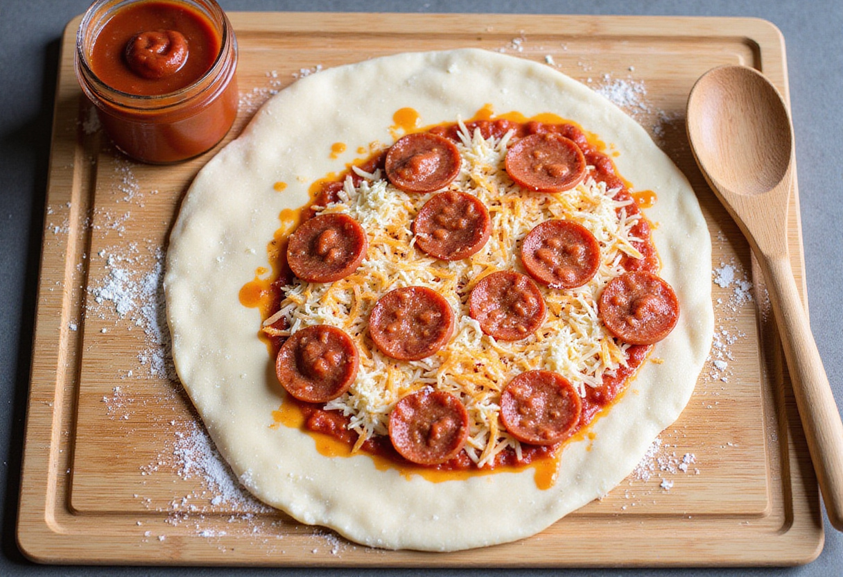 Distributing pepperoni and cheese on high-protein pizza dough for pepperoni pizza rolls preparation.