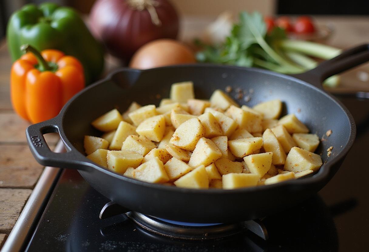Preparing Hobo Casserole with Ground Beef & Potatoes, sautéing diced potatoes with fresh vegetables for a hearty meal.