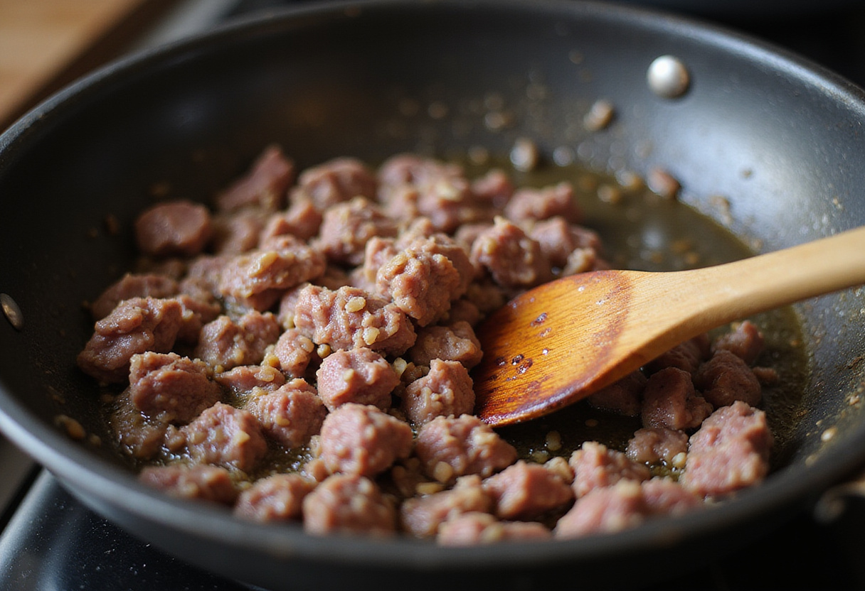 Cooking ground beef for Hobo Casserole with Potatoes, the savory aroma filling the kitchen as the meat browns.