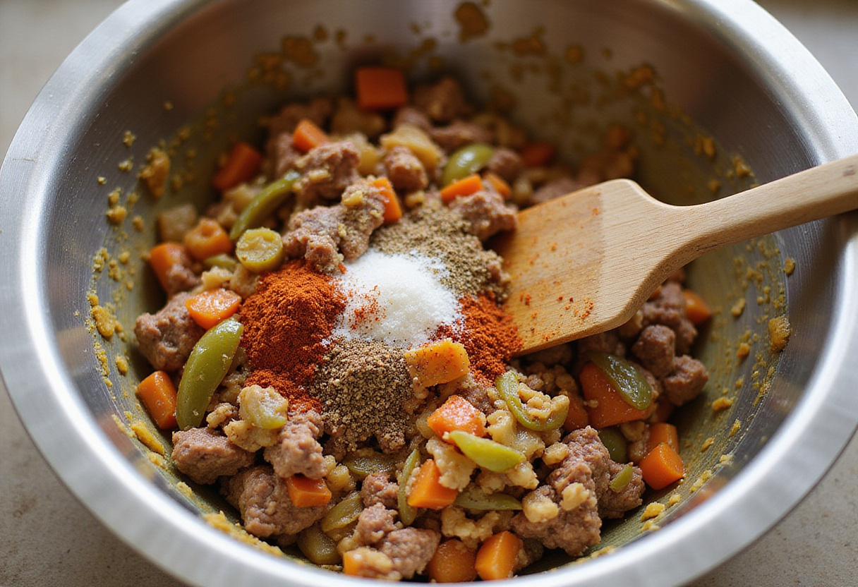 Combining ingredients for Hobo Casserole with Ground Beef & Potatoes in a mixing bowl, creating a flavorful mixture.