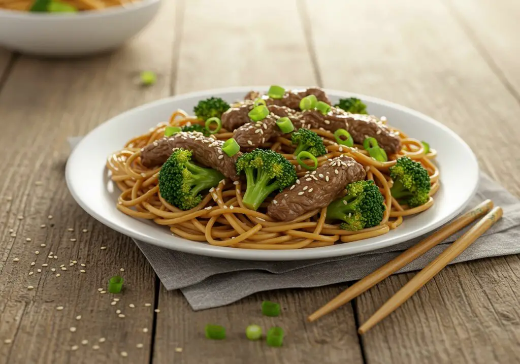 Delicious homemade beef and broccoli lo mein garnished with sesame seeds and green onions, ready to serve.