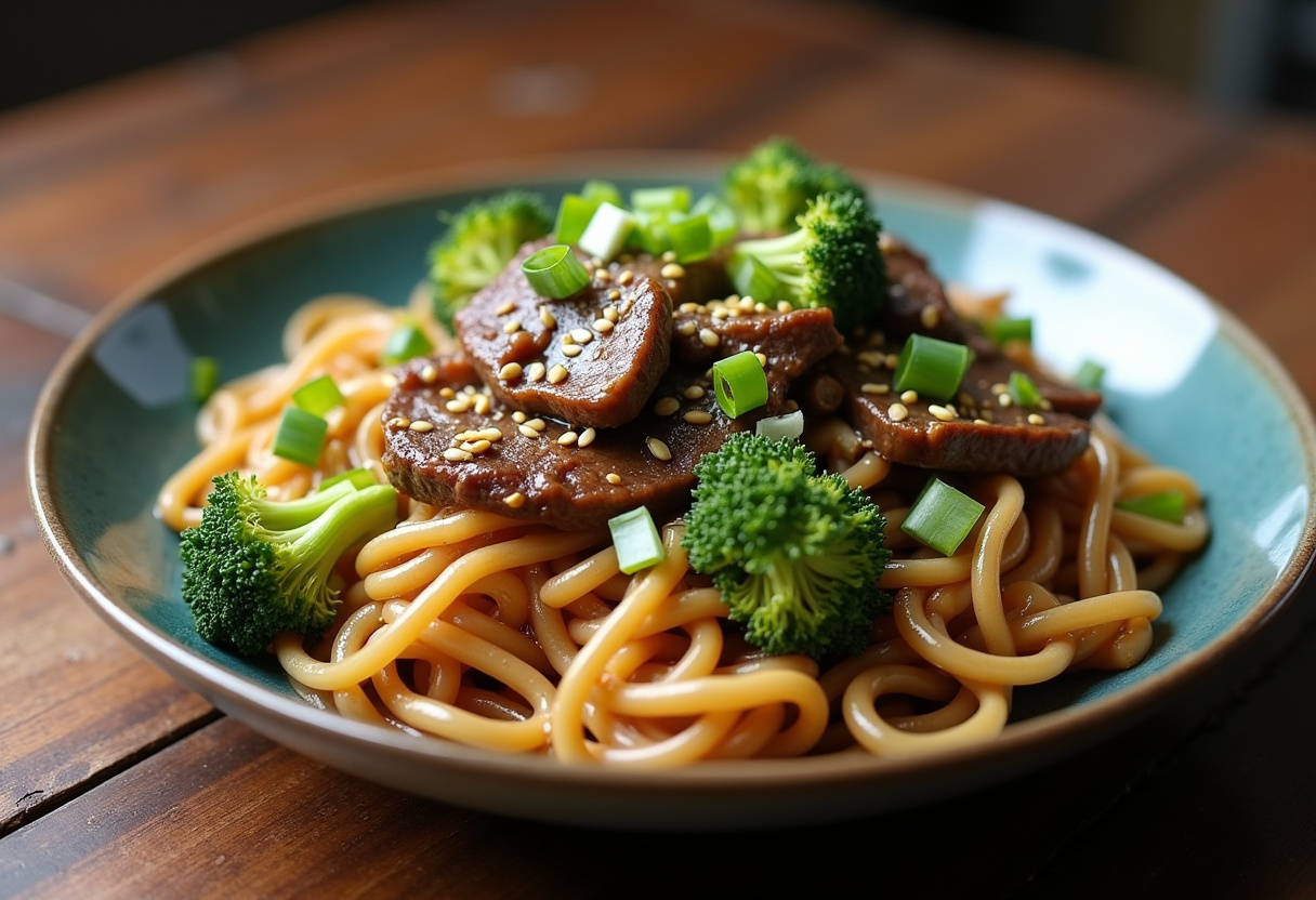 Delicious homemade beef and broccoli lo mein garnished with sesame seeds and green onions, ready to serve.