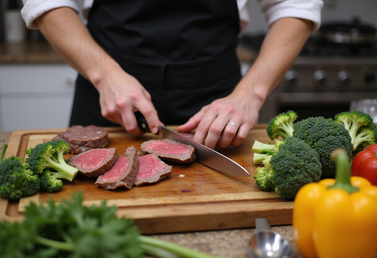 Slicing flank steak for homemade beef and broccoli lo mein, featuring fresh broccoli and peppers.