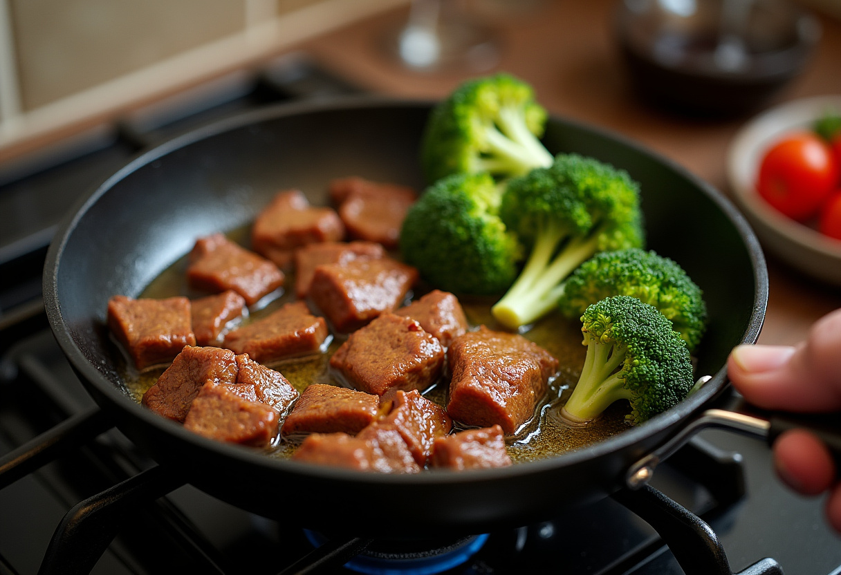Cooking marinated beef and fresh broccoli for beef and broccoli lo mein in a skillet.