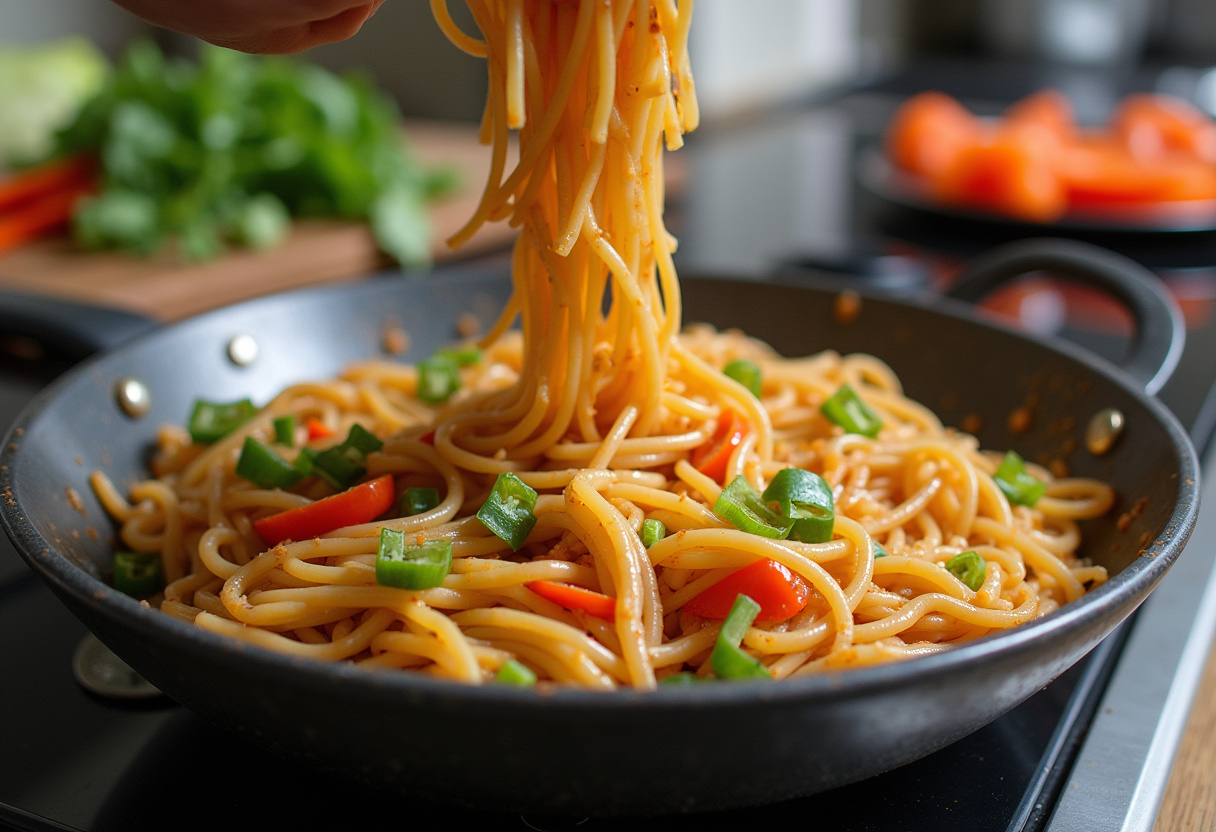 Tossing lo mein noodles with soy sauce and garlic for homemade beef and broccoli lo mein.