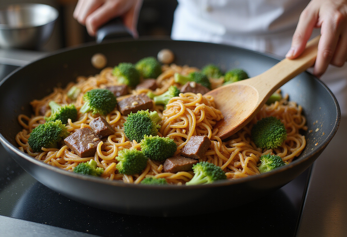 Combining beef, broccoli, and lo mein noodles in a wok for flavorful homemade beef and broccoli lo mein.