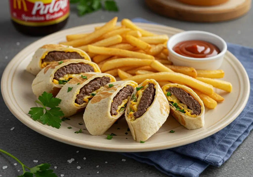Final presentation of homemade Big Mac wraps on a plate with crispy fries and special sauce, capturing the delicious essence of this creative meal.