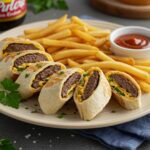Final presentation of homemade Big Mac wraps on a plate with crispy fries and special sauce, capturing the delicious essence of this creative meal.