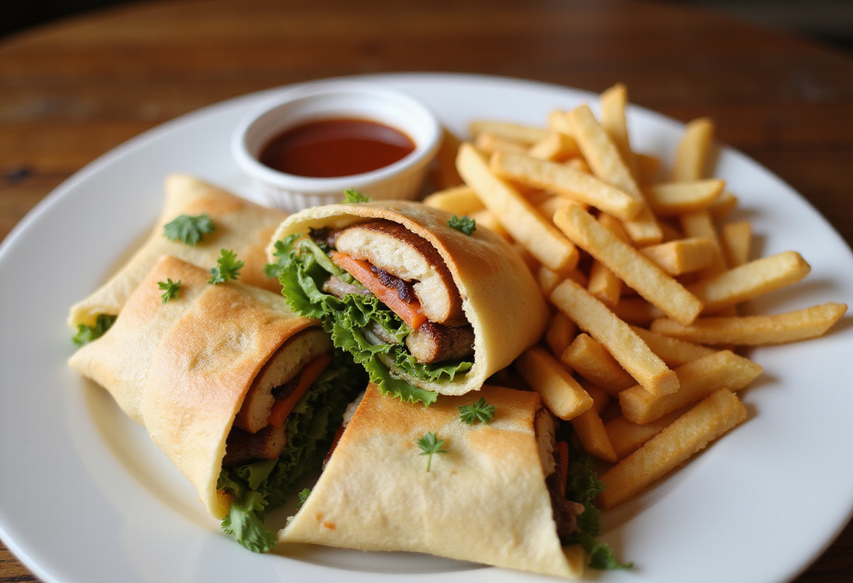 Final presentation of homemade Big Mac wraps on a plate with crispy fries and special sauce, capturing the delicious essence of this creative meal.