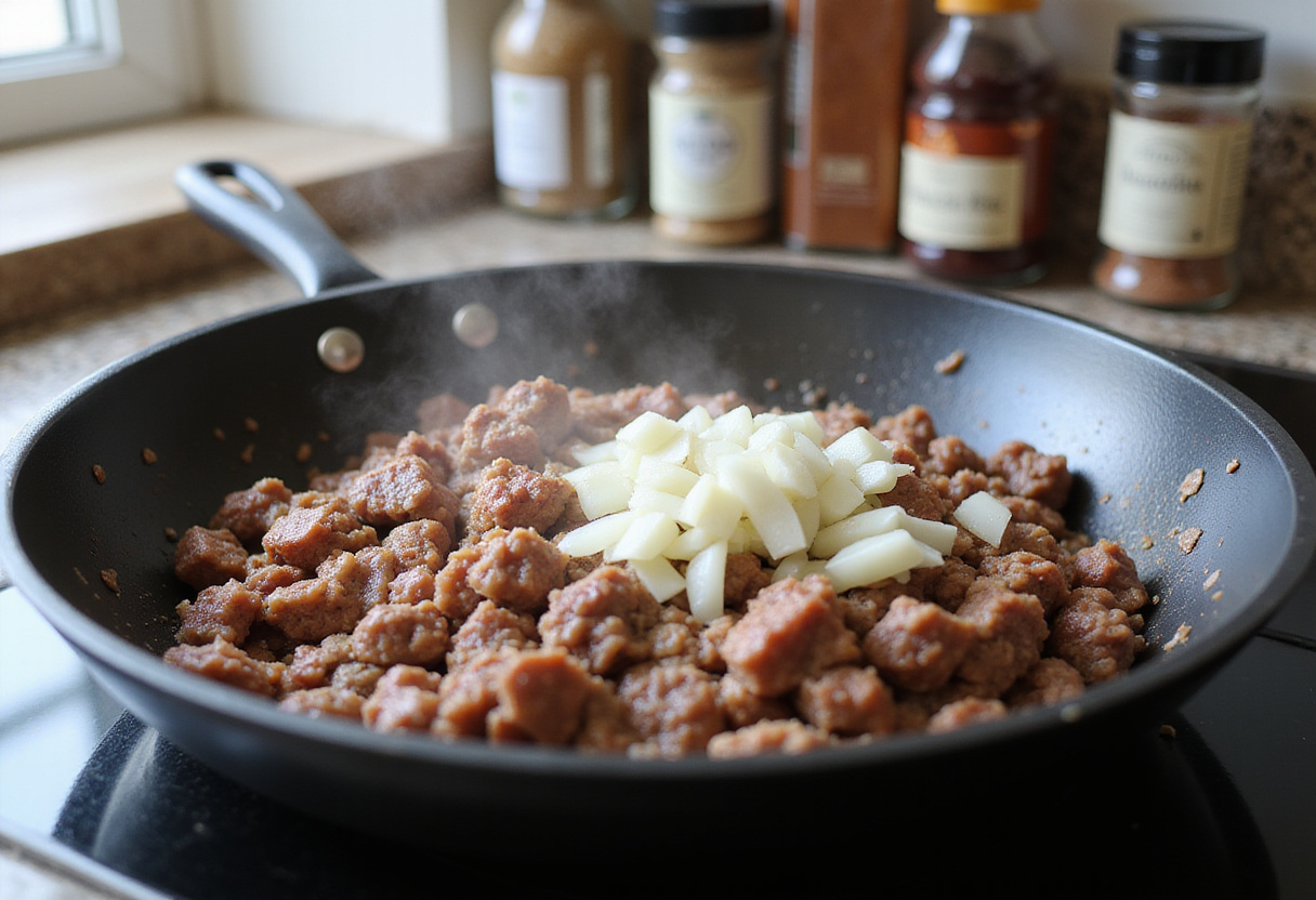 Cooking ground beef and onions for homemade Big Mac wraps, showcasing the sizzle and aroma of this flavorful preparation.
