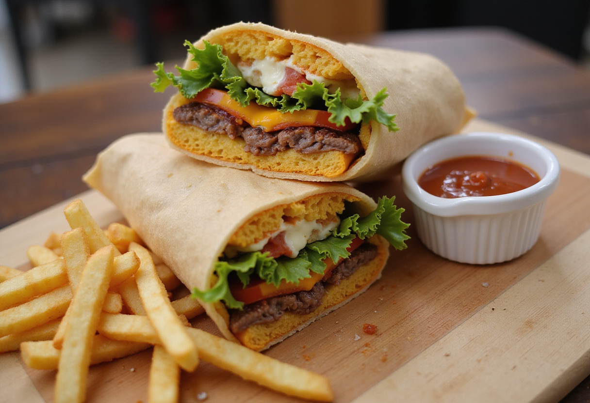 Slicing a Big Mac wrap in half, showcasing the delicious fillings and served alongside crispy fries for an appealing meal presentation.