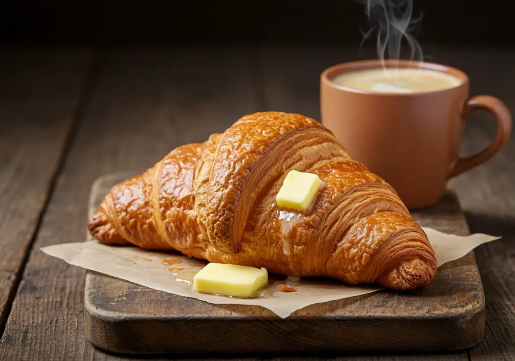 Enjoying a perfectly baked flaky croissant with warm butter and coffee, showcasing the deliciousness of homemade pastries.