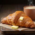 Enjoying a perfectly baked flaky croissant with warm butter and coffee, showcasing the deliciousness of homemade pastries.