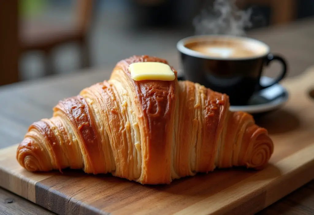 Enjoying a perfectly baked flaky croissant with warm butter and coffee, showcasing the deliciousness of homemade pastries.