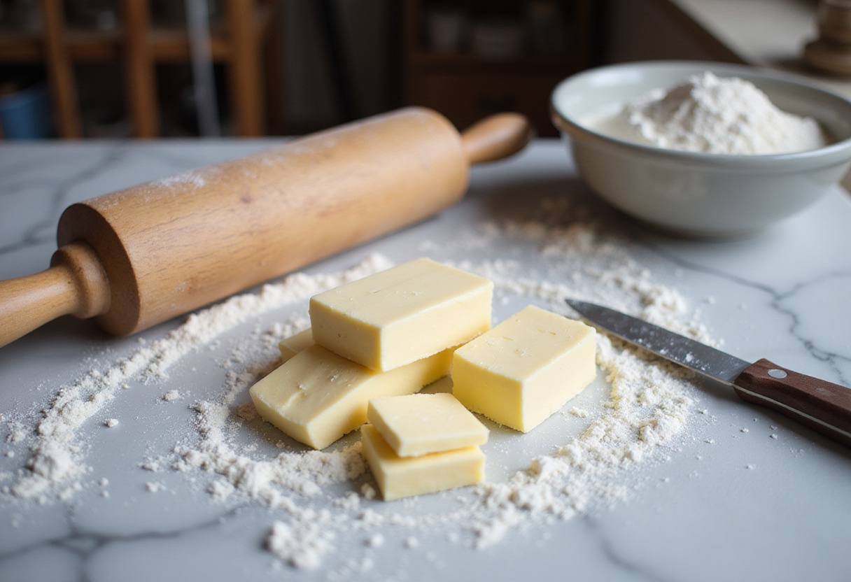 Preparing ingredients for homemade flaky croissants, cutting cold butter on a countertop with flour and a rolling pin.