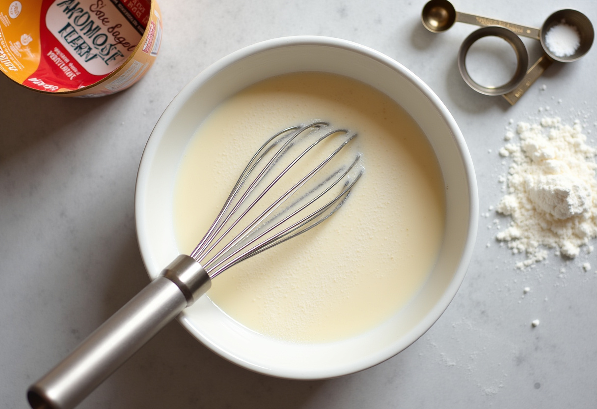 Mixing warm milk and yeast to create the dough for homemade flaky croissants in a cozy kitchen setting.