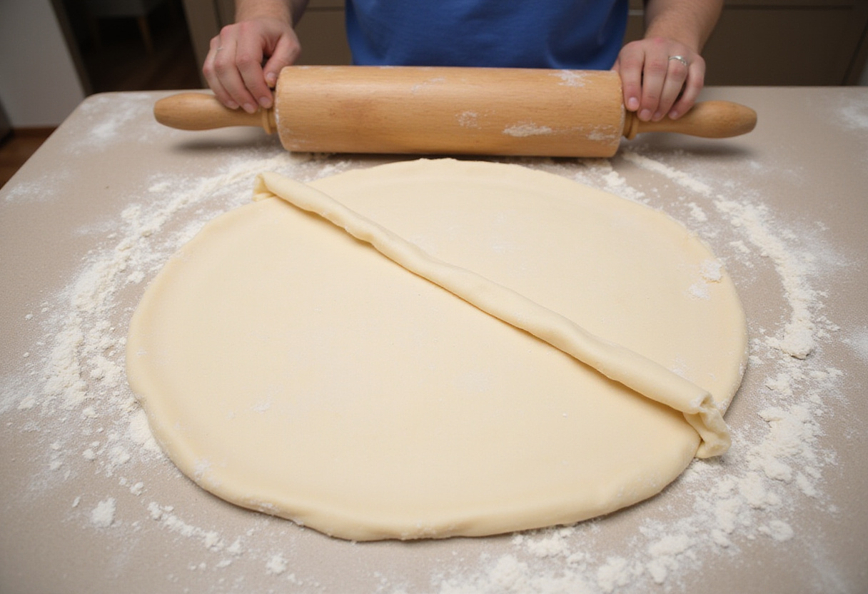 Rolling and folding dough to create layers for flaky croissants on a marble countertop, showcasing the technique of lamination.